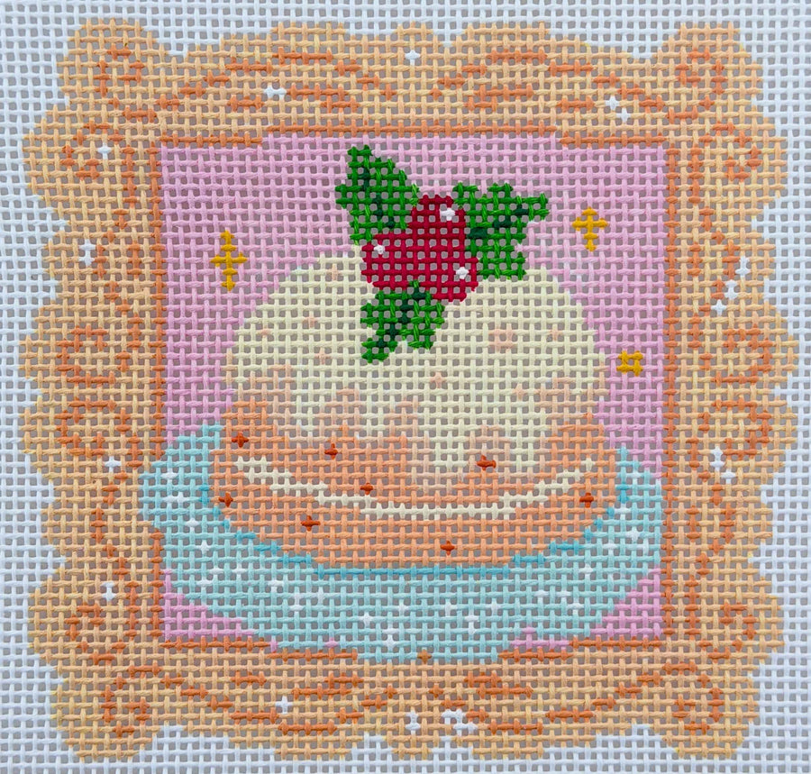 Holly Cake hand-painted needlepoint canvas, a festive dessert design with holly and berries