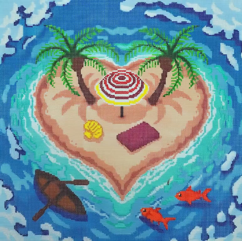 Valentine Island Hand-Painted Needlepoint Canvas featuring a heart-shaped tropical island with palm trees, striped beach umbrella, shell, wooden boat, orange fish, and turquoise ocean waves